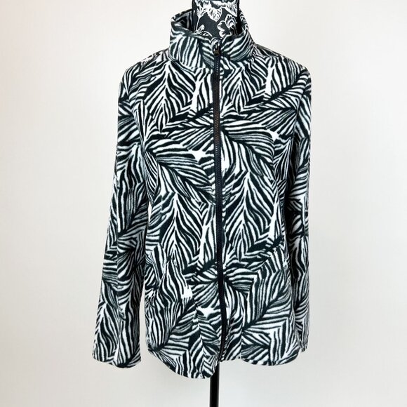 Reel Legends | Black & White Palm Leaf Print Fleece Full Zip Jacket Sweater | L - Picture 1 of 12